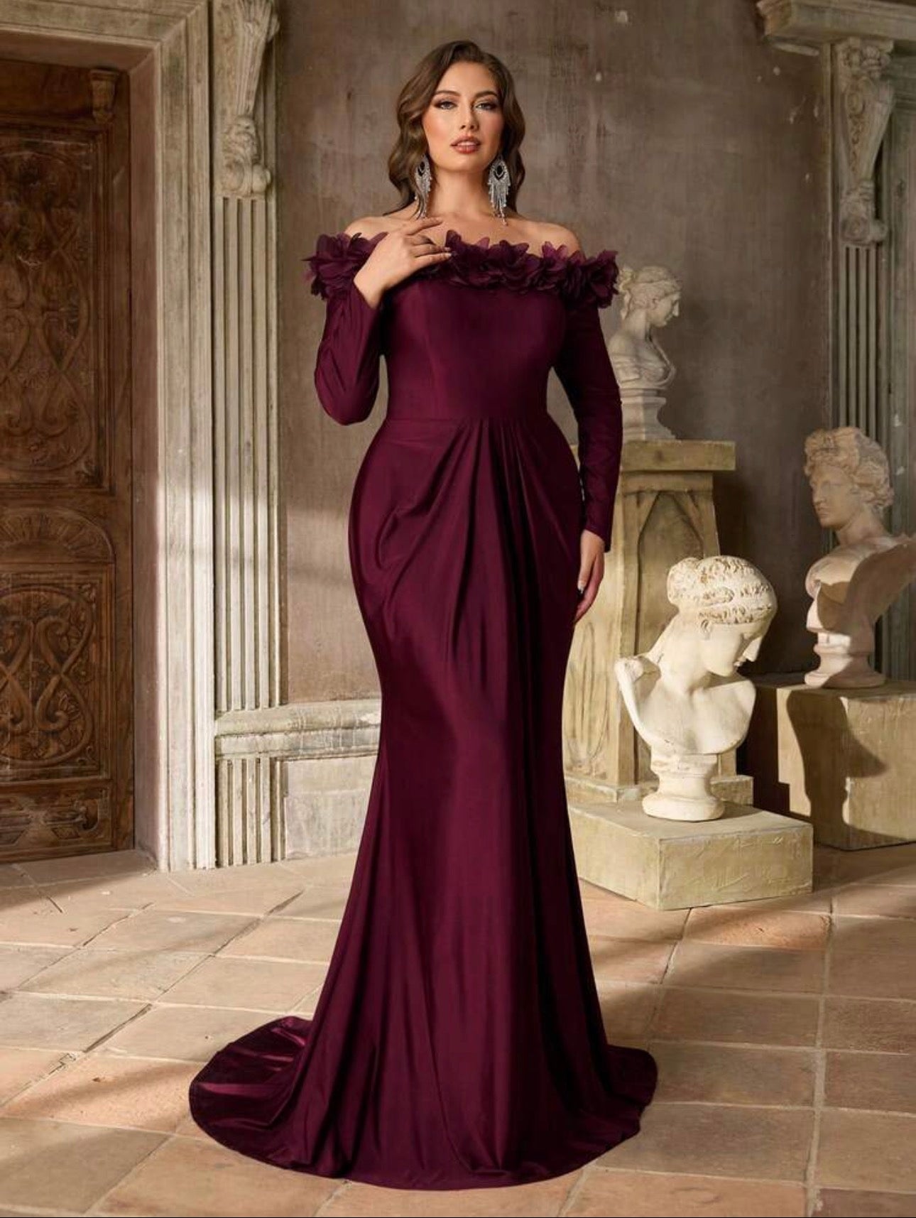 SD3228 Plus Size Off-Shoulder 3D Floral Draped Satin Mermaid Gown