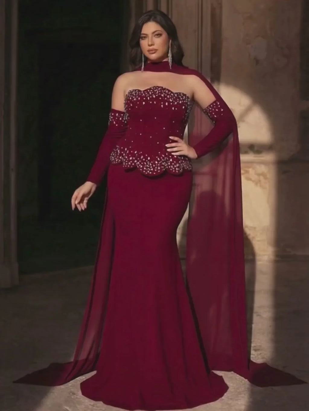 SD3275b Luxury Burgundy Embellished Evening Gown