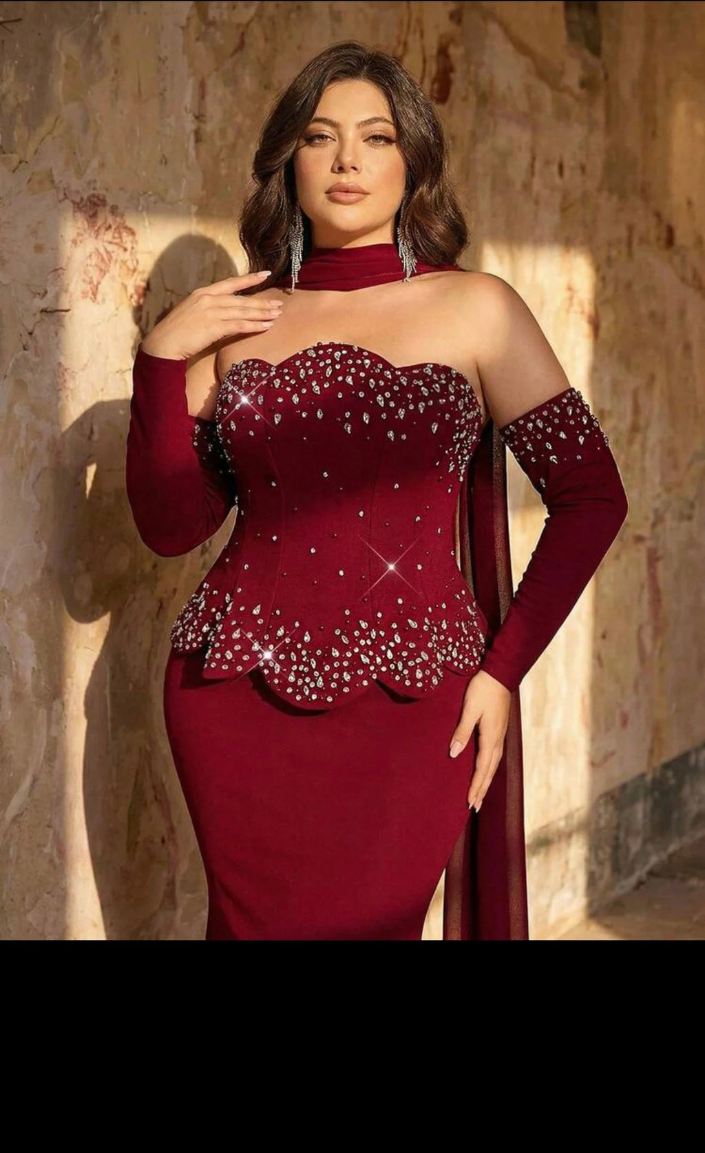 SD3275b Luxury Burgundy Embellished Evening Gown