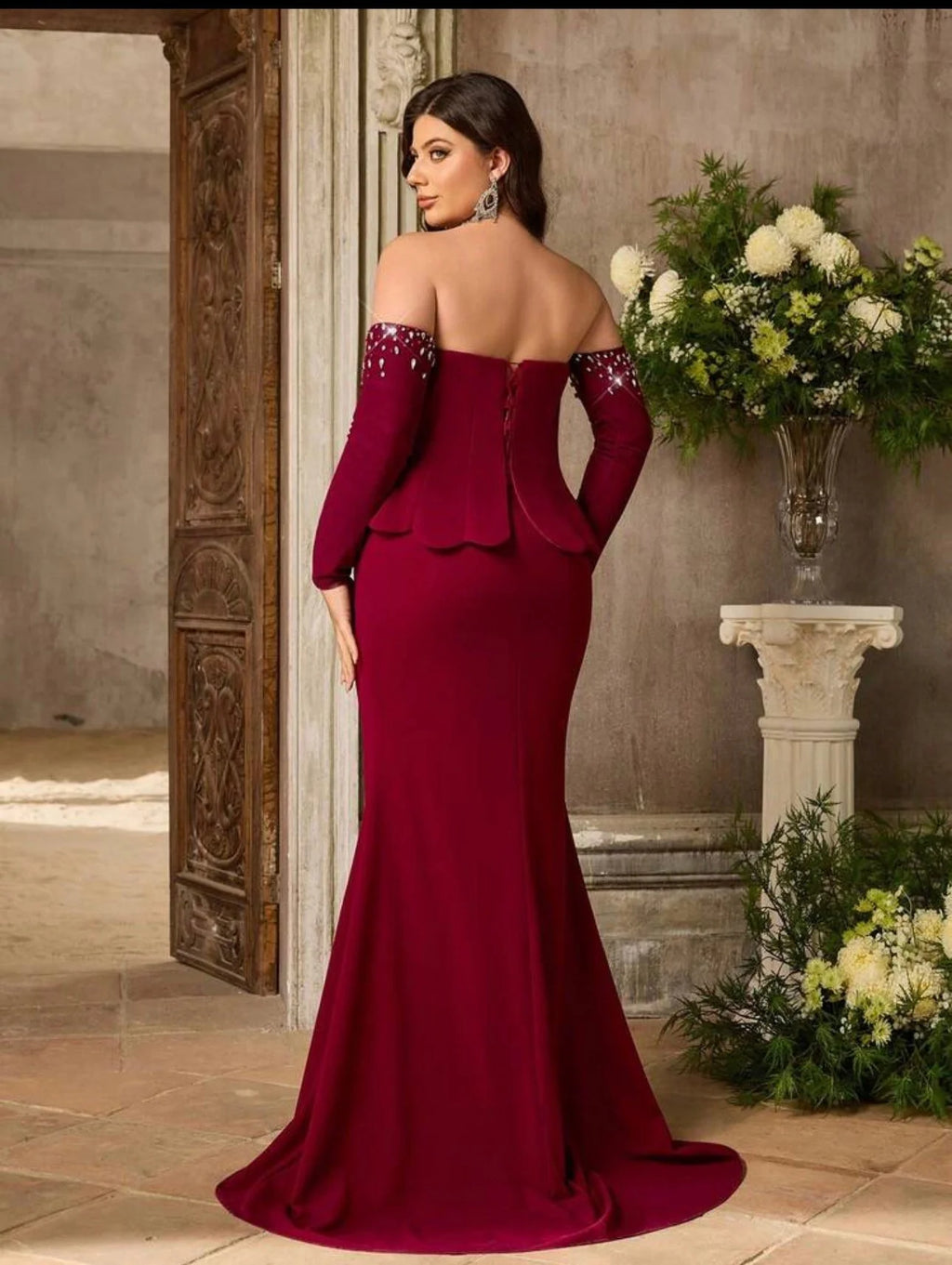 SD3275b Luxury Burgundy Embellished Evening Gown