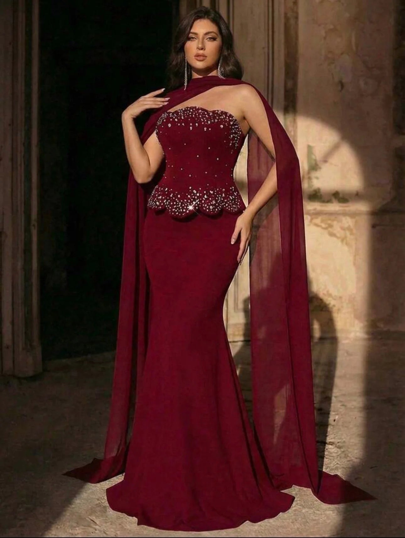 SD3275b Luxury Burgundy Embellished Evening Gown