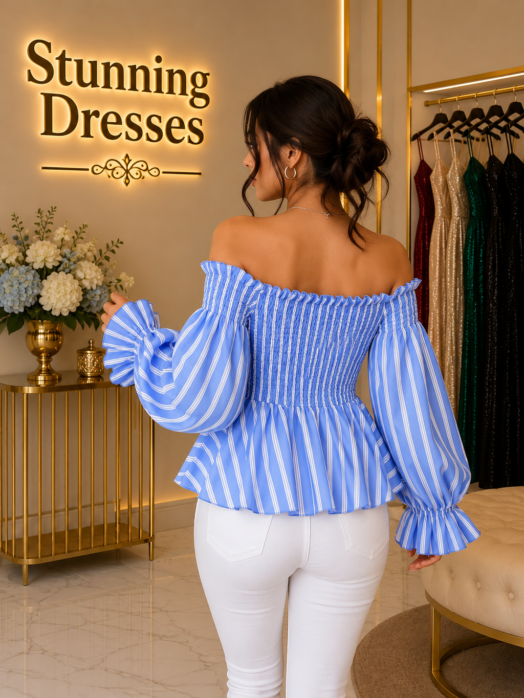 SDT4007 Off-Shoulder Striped Peplum Top – Multiple Colours Available