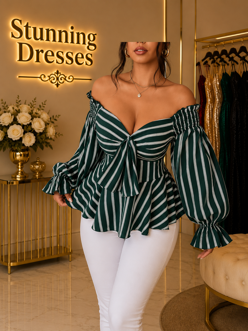 SDT4007 Off-Shoulder Striped Peplum Top – Multiple Colours Available