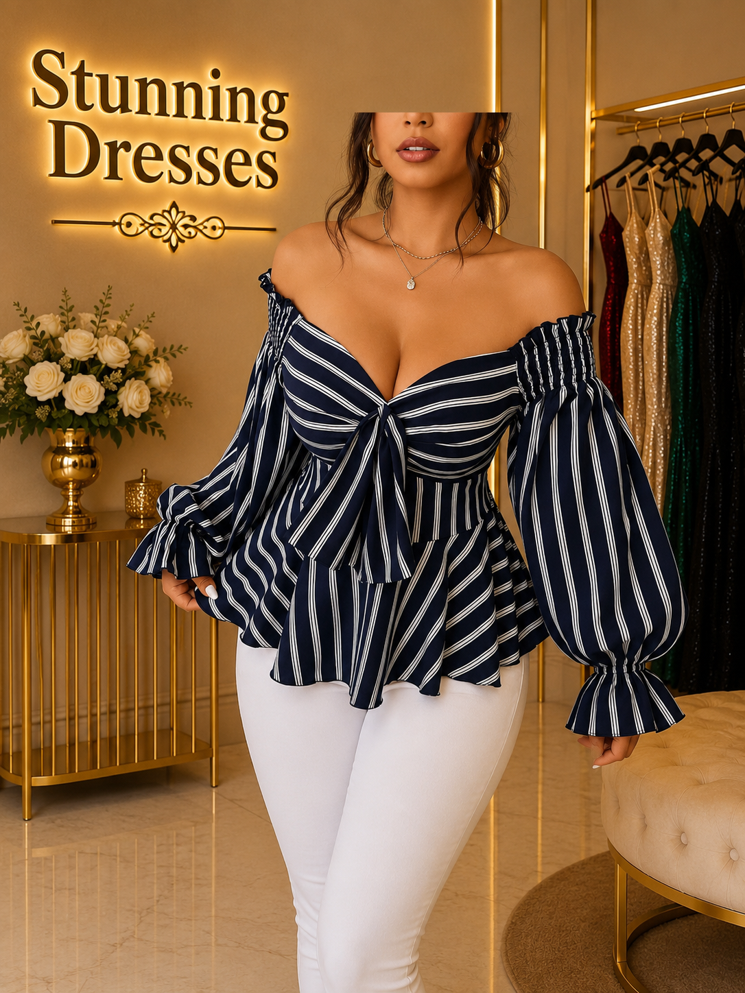 SDD4007 Off-Shoulder Striped Peplum Top – Multiple Colours Available