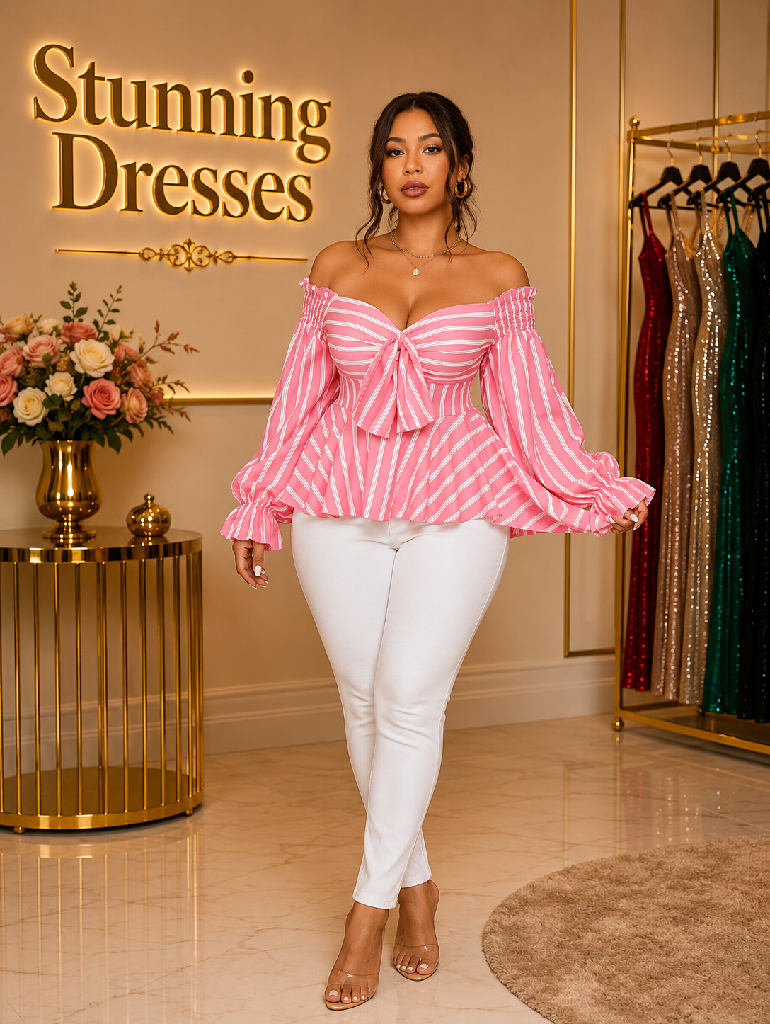 SDD4007 Off-Shoulder Striped Peplum Top – Multiple Colours Available