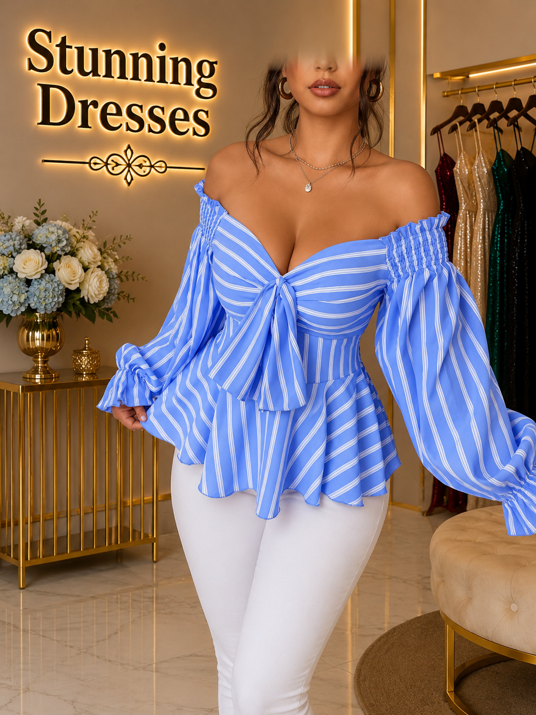 SDD4007 Off-Shoulder Striped Peplum Top – Multiple Colours Available