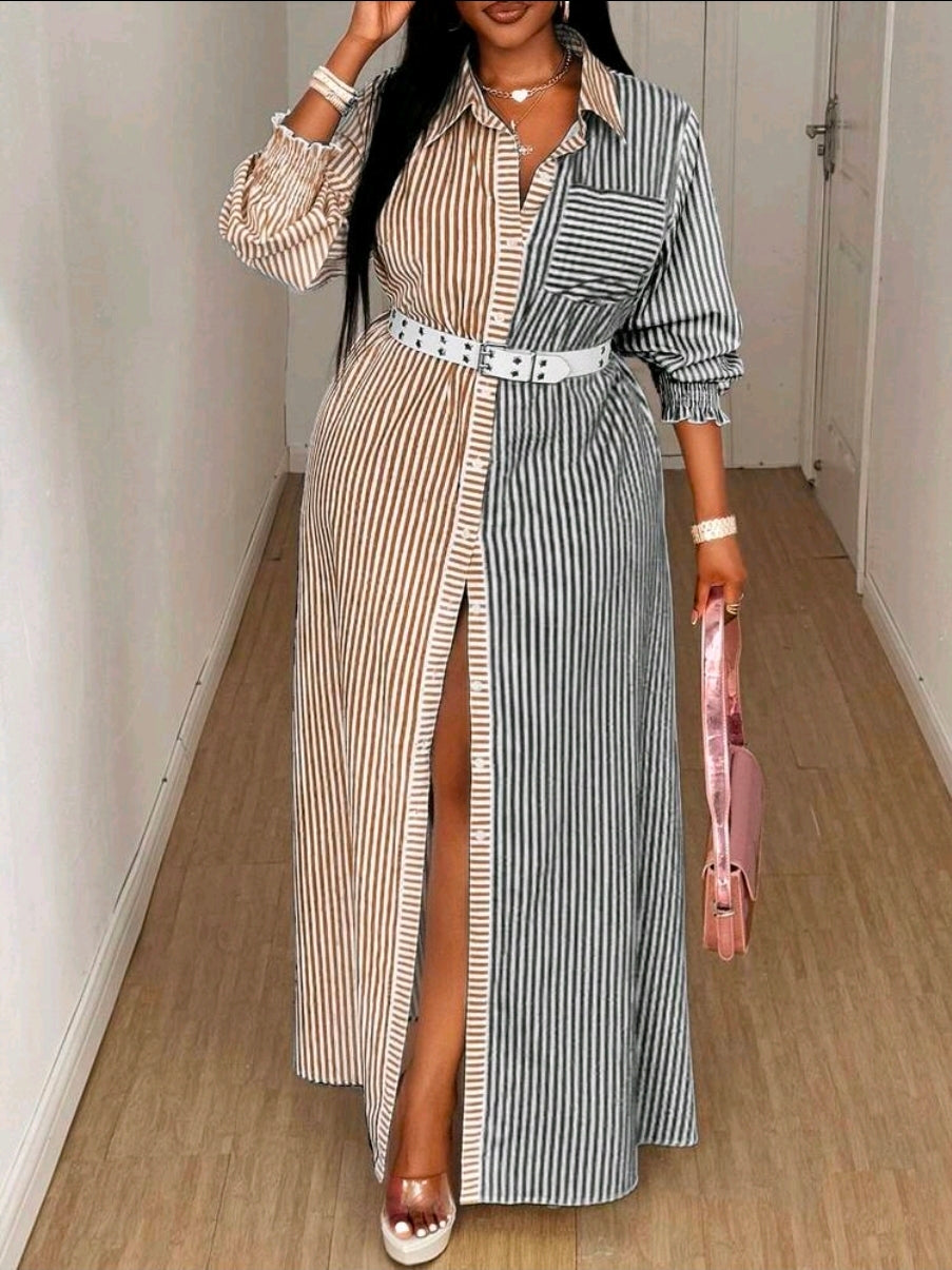 SDD4001 Women's Multi-Colour Striped Maxi Shirt Dress – Elegant Belted Day Dress UK