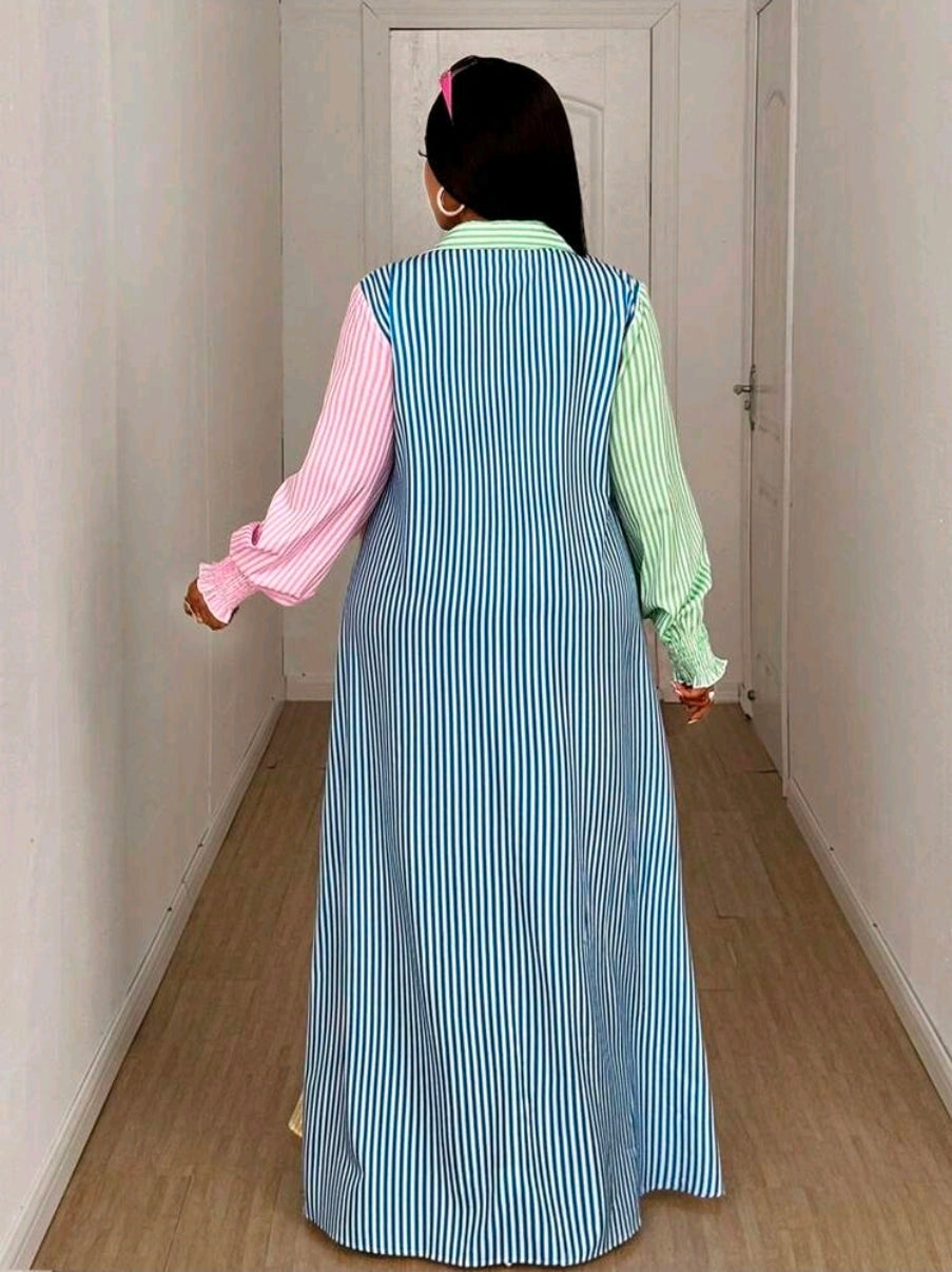 SDD4001 Women's Multi-Colour Striped Maxi Shirt Dress – Elegant Belted Day Dress UK