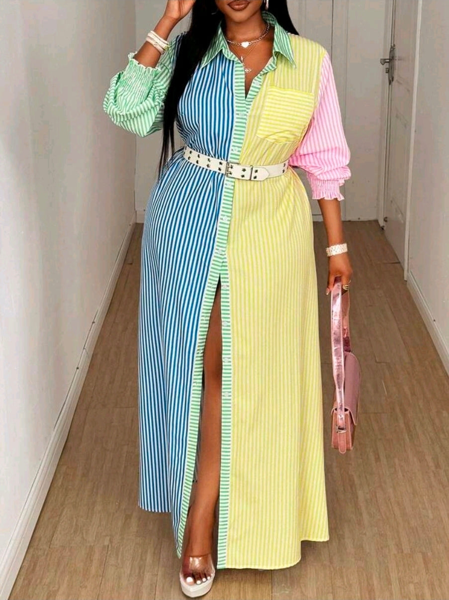 Women's Striped Maxi Shirt Dress – Elegant Belted Day Dress UK
