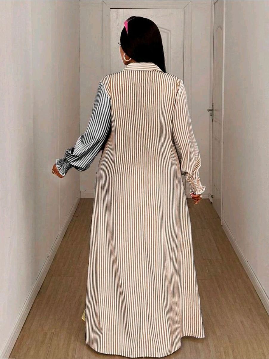 SDD4001 Women's Multi-Colour Striped Maxi Shirt Dress – Elegant Belted Day Dress UK