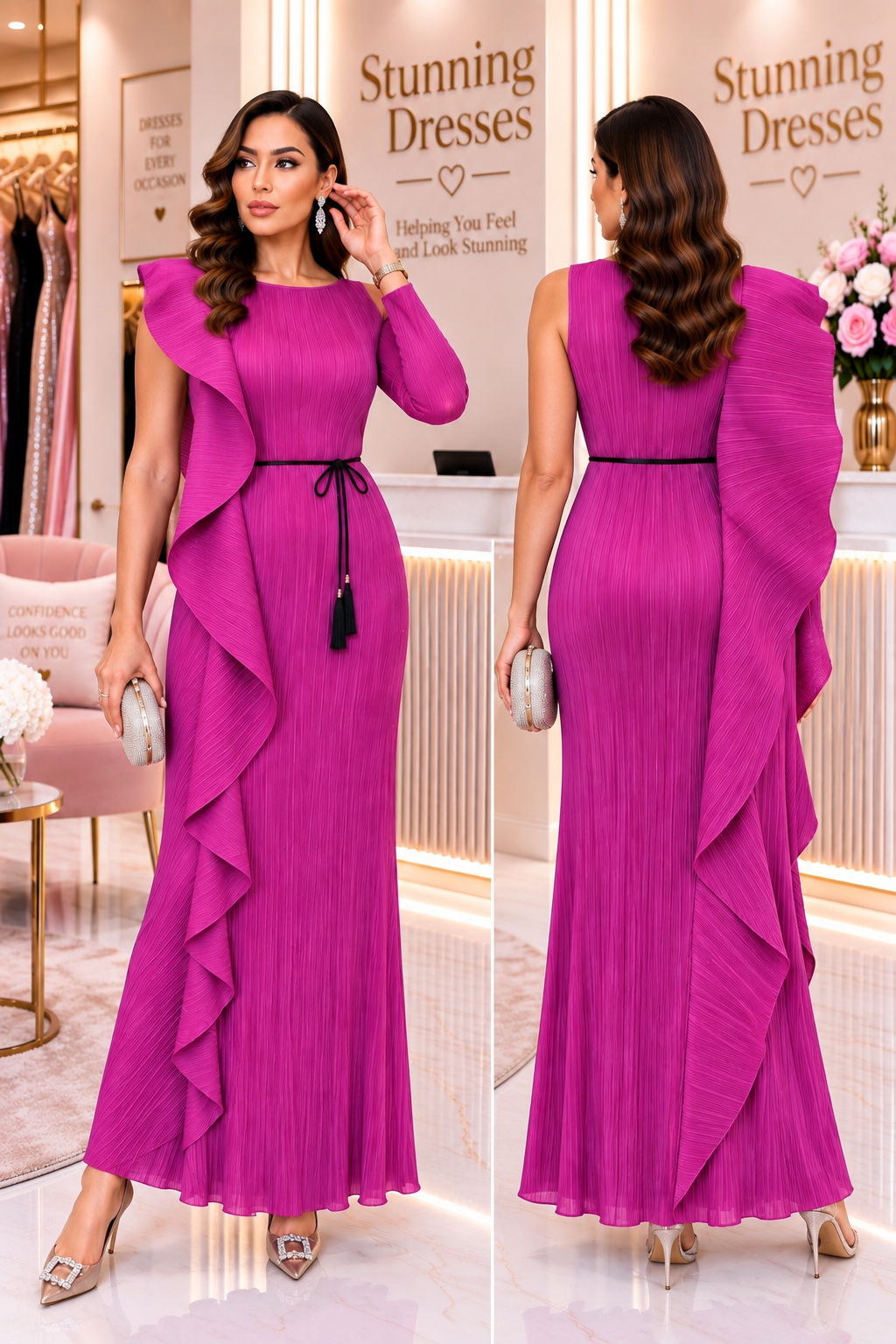 Asymmetric One-Sleeve Ruffle Maxi Dress | SDD4013
