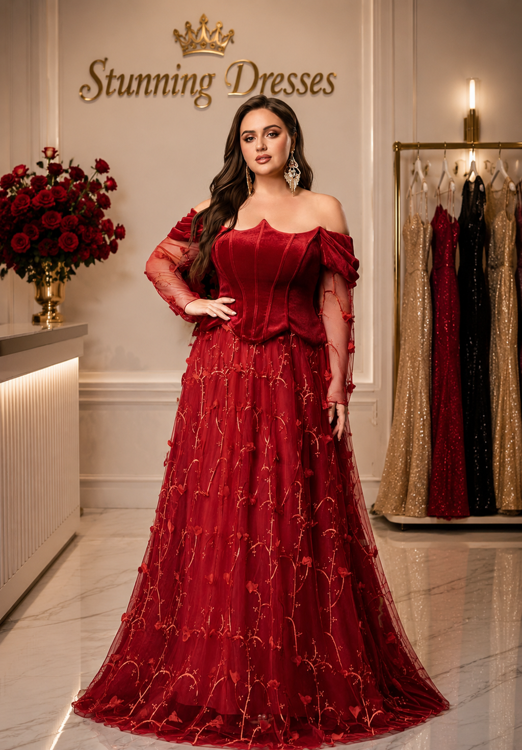 SDE3290 Scarlet Romance Off-Shoulder Embellished Evening Gown