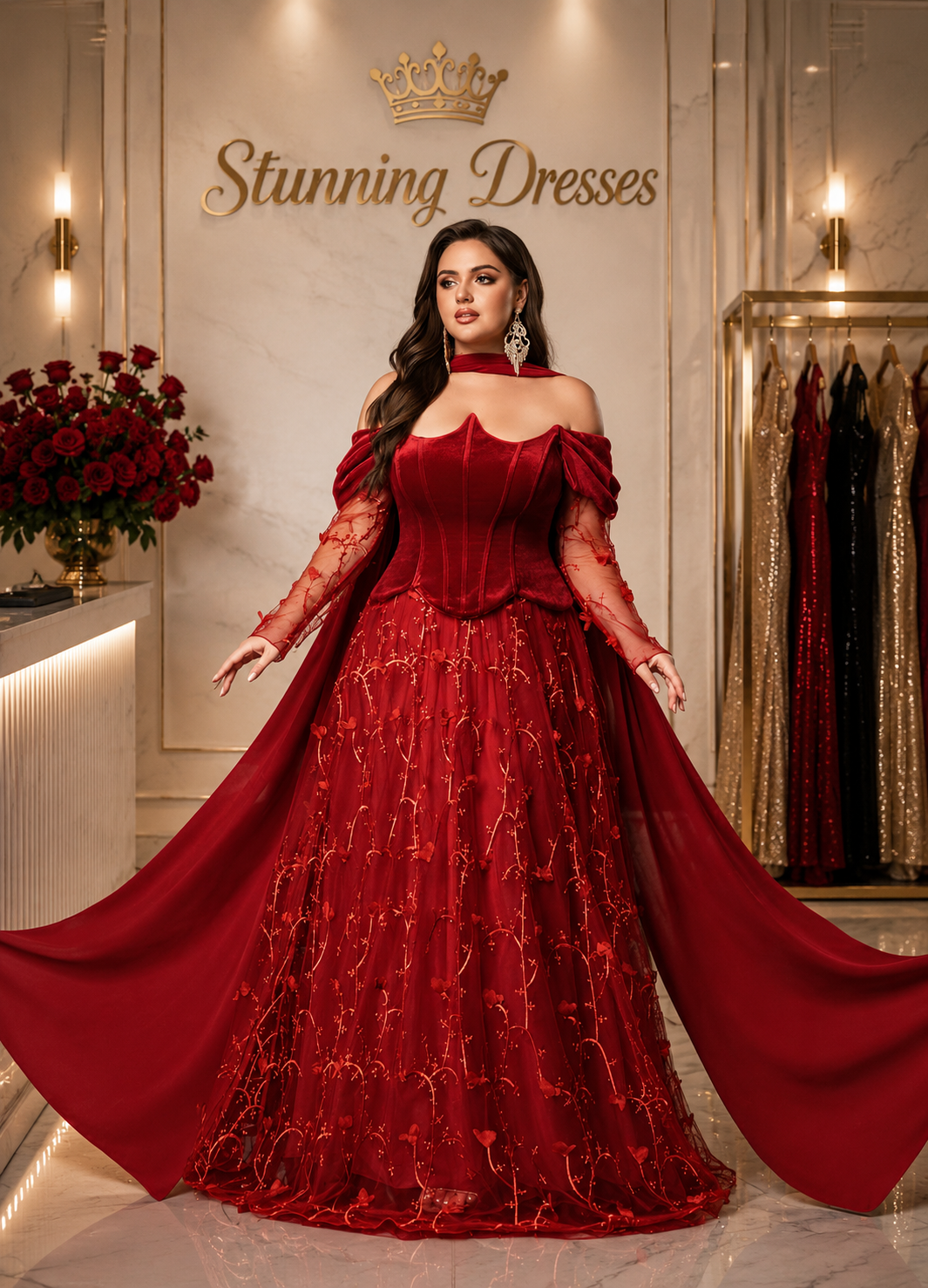 SDE3290 Scarlet Romance Off-Shoulder Embellished Evening Gown