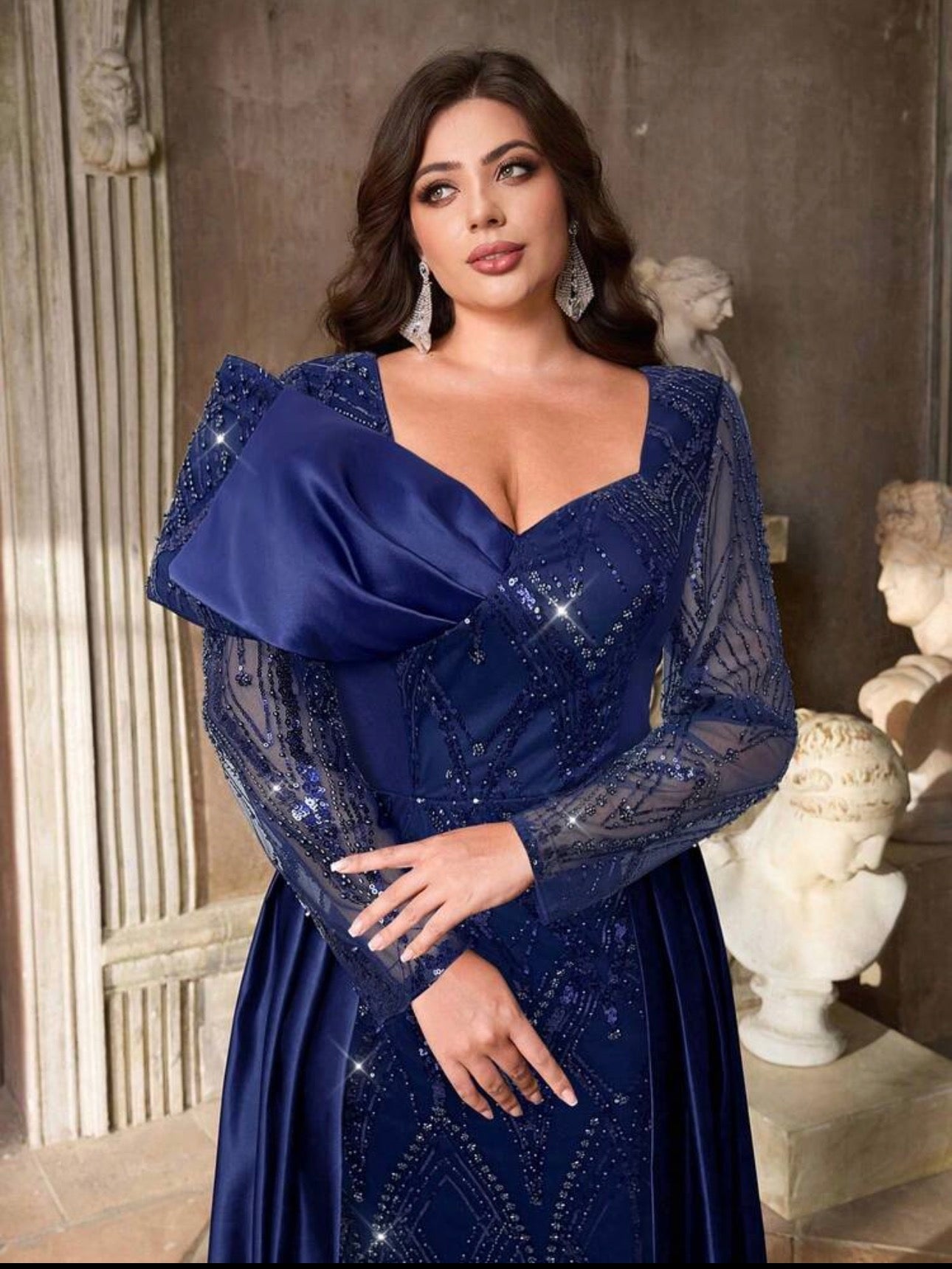 SD3224 Plus Size Beaded Bow-Detail Mermaid Gown with Detachable Train