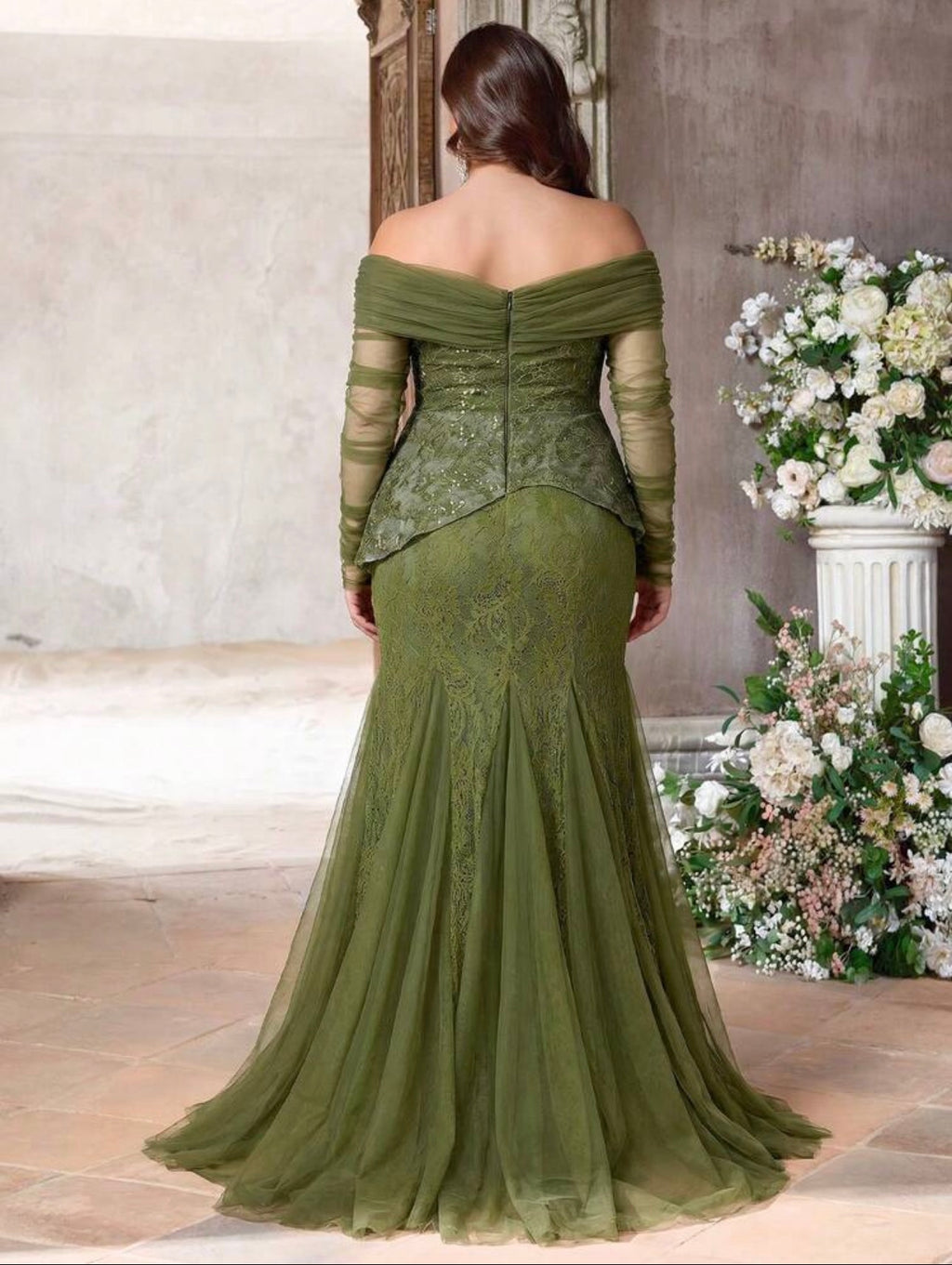 SD3225 Plus Size Off-Shoulder Lace Peplum Mermaid Gown