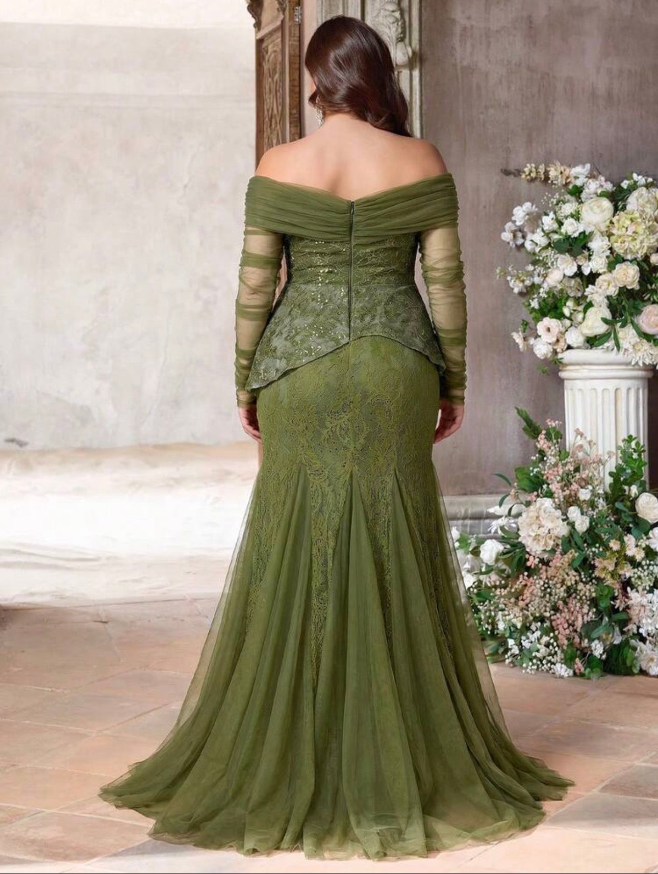 SD3225 Plus Size Off-Shoulder Lace Peplum Mermaid Gown