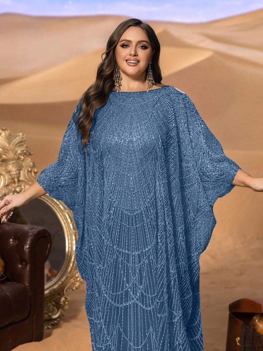 SD3235 Plus Size Sequin Embroidery Kaftan - Uk18 (1XL), Dusty Blue image