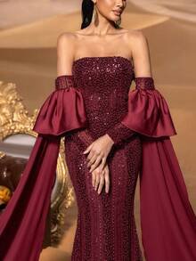 SD3222 Off-Shoulder Mermaid Gown with Flowing Sleeves - UK18(XXL), Burgundy image