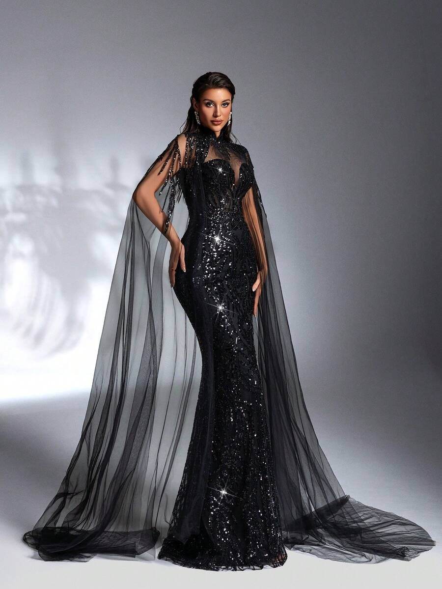 SD3197 Black Sequin Beaded Lace Splice Gown