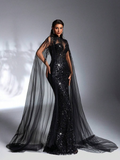 SD3197 Black Sequin Beaded Lace Splice Gown