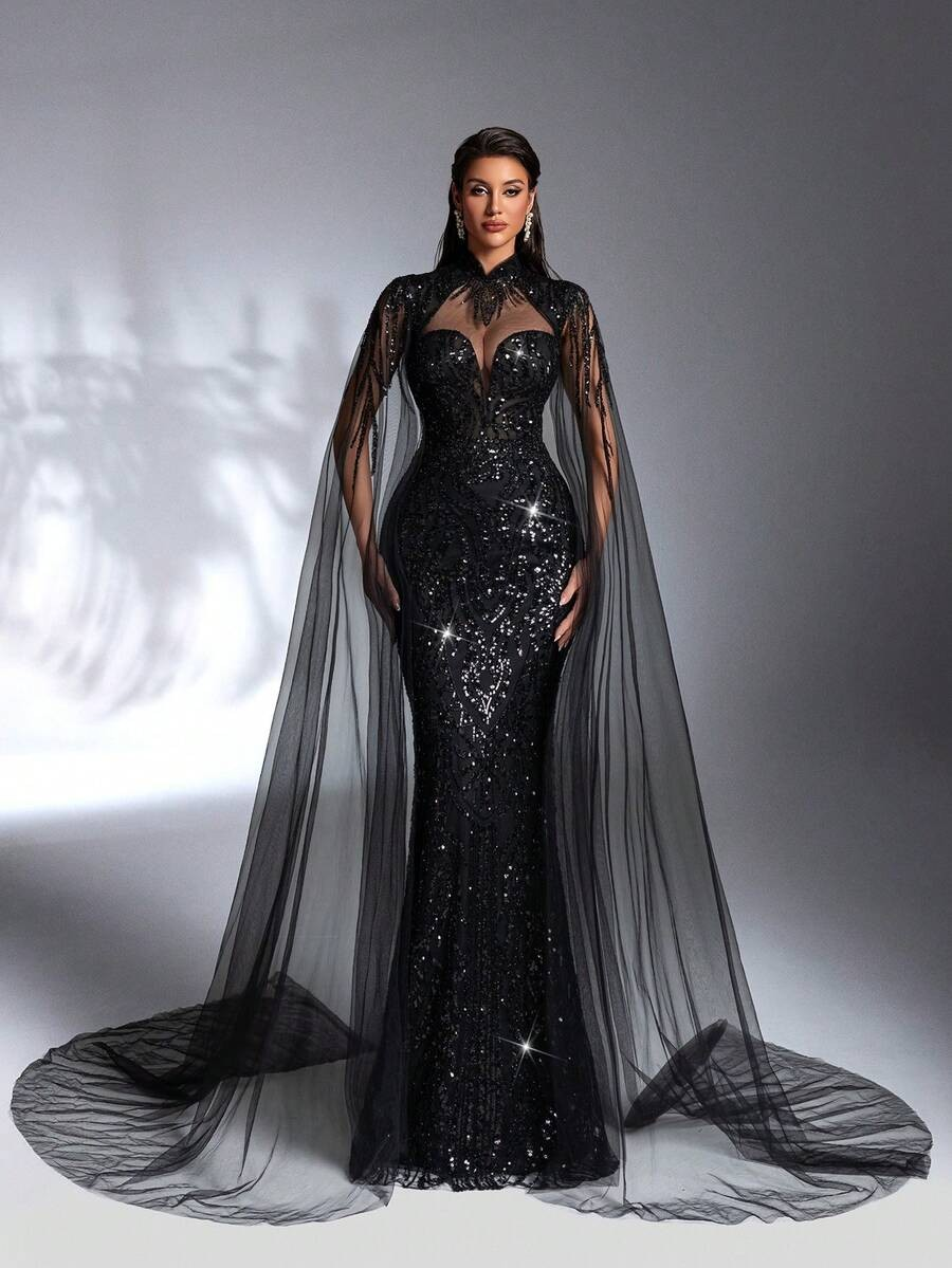 SD3197 Black Sequin Beaded Lace Splice Gown