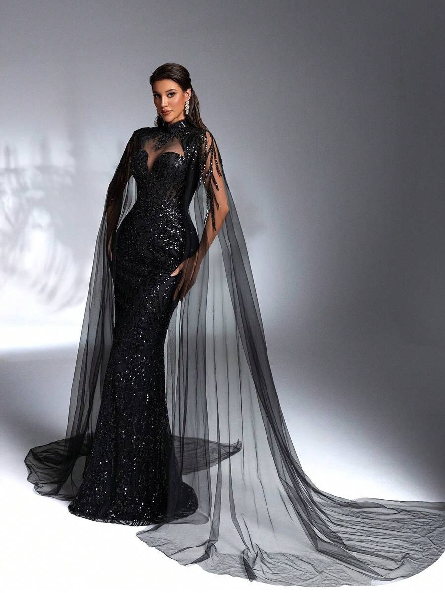 SD3197 Black Sequin Beaded Lace Splice Gown