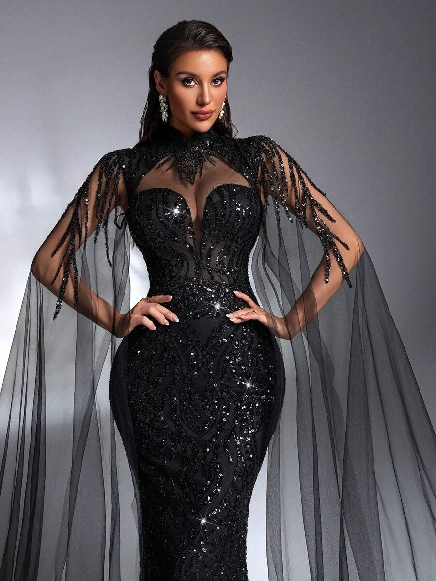 SD3197 Black Sequin Beaded Lace Splice Gown