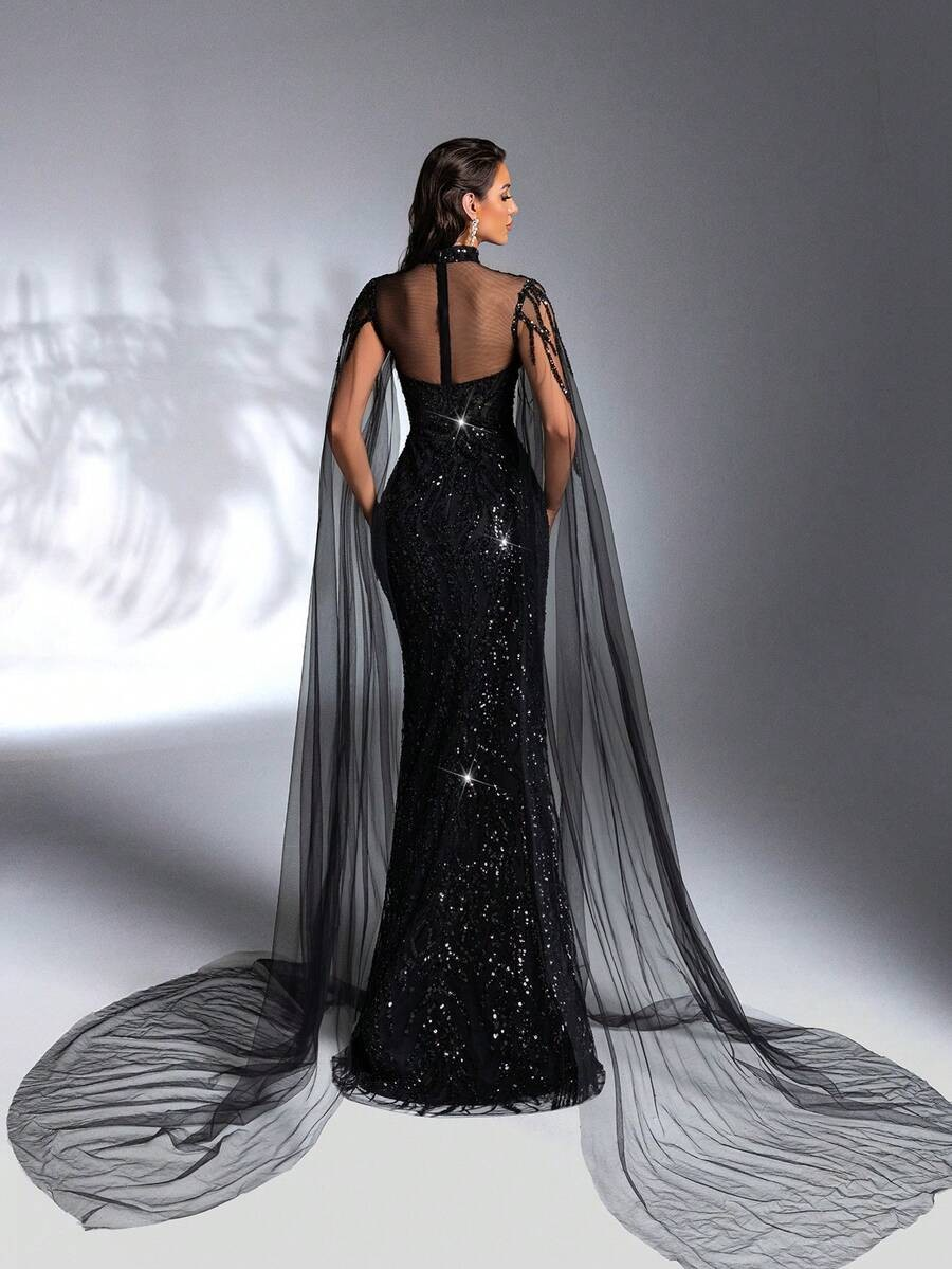 SD3197 Black Sequin Beaded Lace Splice Gown