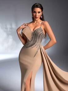 SD3265 Rhinestone Strap Pearl & Sequin High Slit Gown image 17