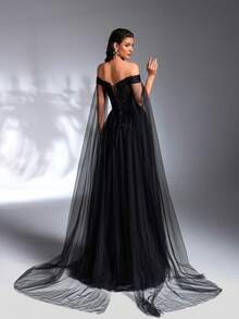 SD3183 Black Off-Shoulder Sequin Flared Gown image 3