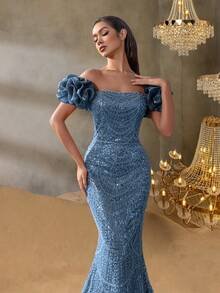SD3221 Off-Shoulder Puff Sleeve Mermaid Gown - 12/14 (L), Dusty Blue image