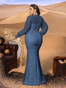 SD3234 Plus Size Arc Sequin Mermaid Gown - UK20 (2XL), Dusty Blue image