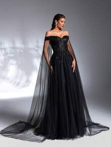SD3183 Black Off-Shoulder Sequin Flared Gown image 6