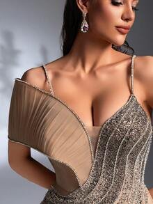 SD3265 Rhinestone Strap Pearl & Sequin High Slit Gown - Apricot, Uk6 image