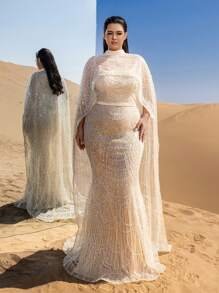 SD3232 Plus Size Mock Neck Beaded Cape-Sleeve Gown image 7