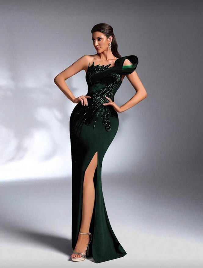 SD 3168 One-Shoulder Sequin Mermaid Evening Gown – Thigh-High Slit image 6