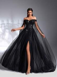 SD3183 Black Off-Shoulder Sequin Flared Gown image 5