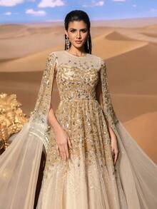 SD3228 Corseted Beaded Gown with Sheer Tulle Sleeves image 2