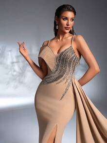 SD3265 Rhinestone Strap Pearl & Sequin High Slit Gown image 19