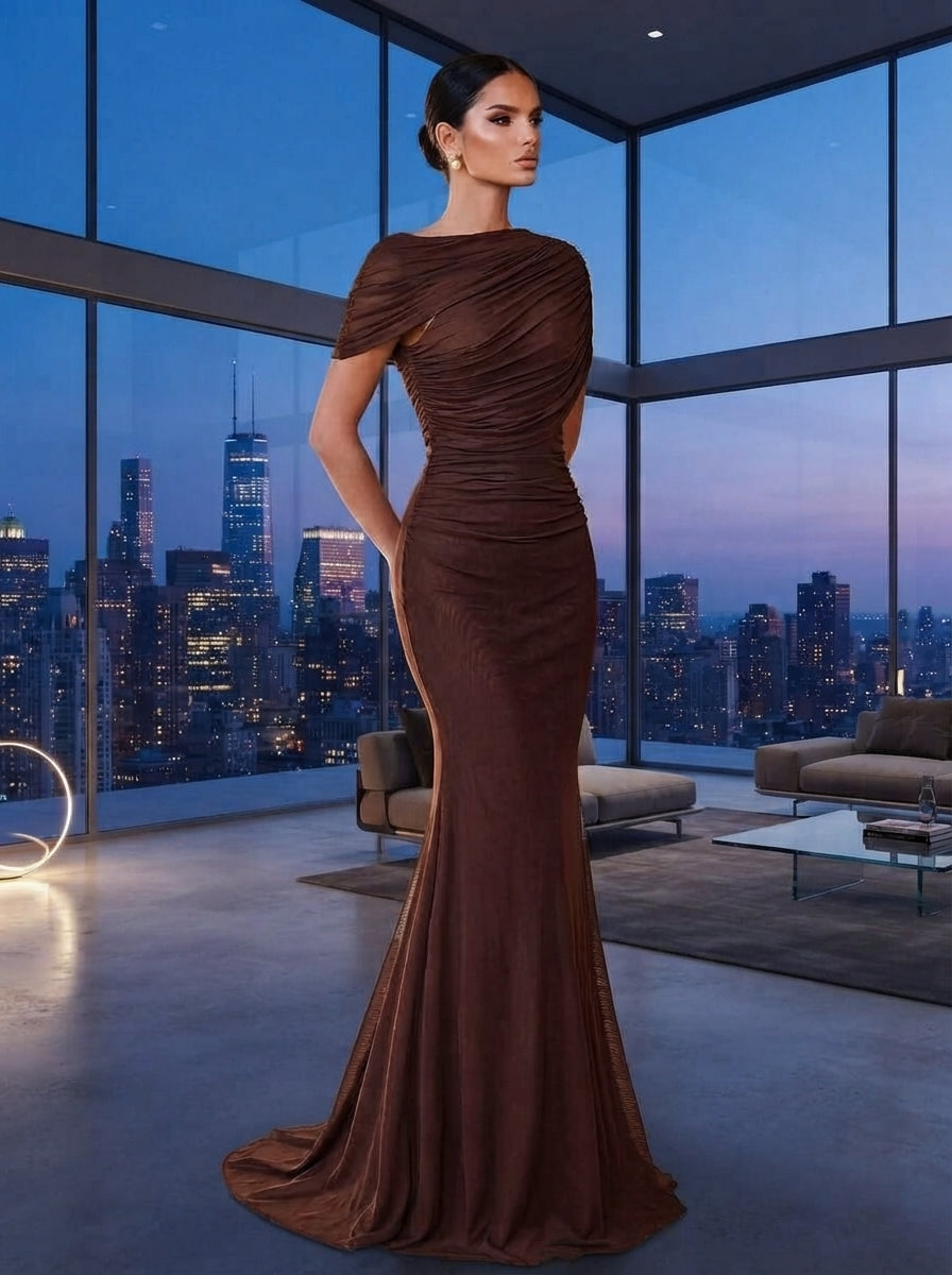 SDE3246 Elegant Solid Chiffon Overlay Ruffle Mermaid Dress