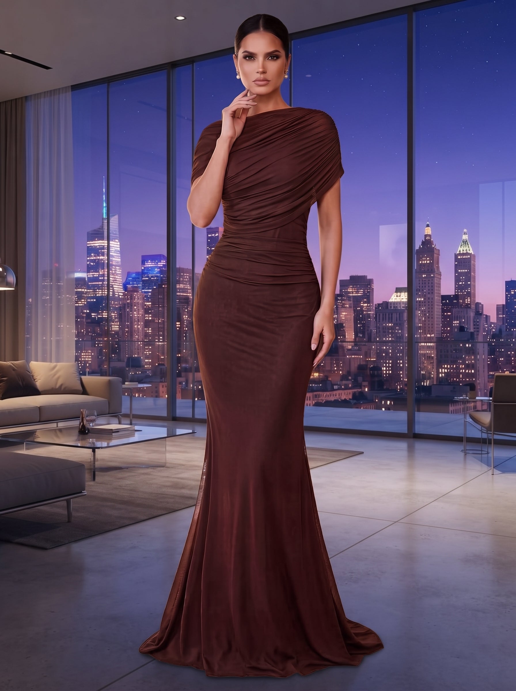SDE3246 Elegant Solid Chiffon Overlay Ruffle Mermaid Dress