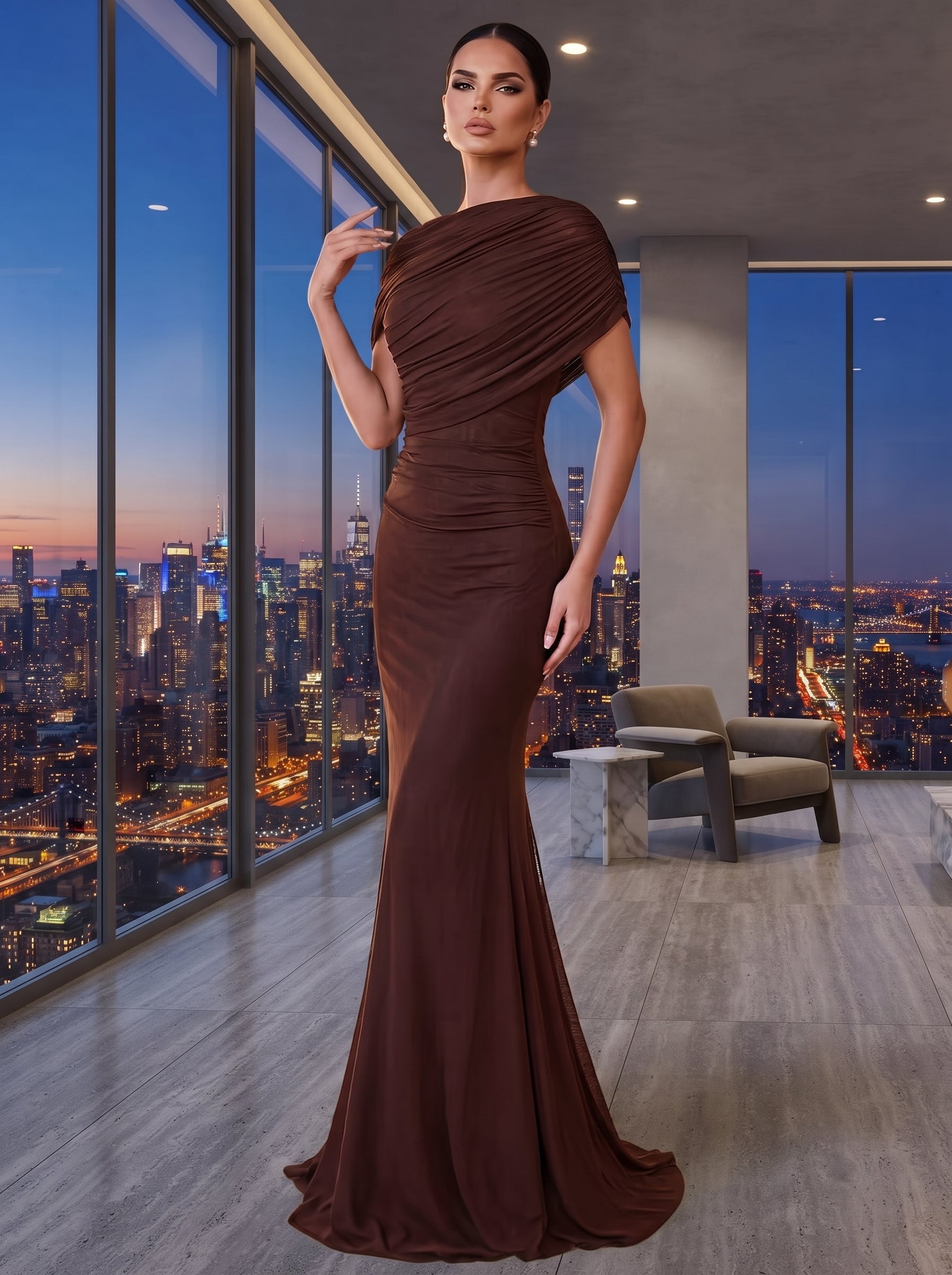 SDE3246 Elegant Solid Chiffon Overlay Ruffle Mermaid Dress