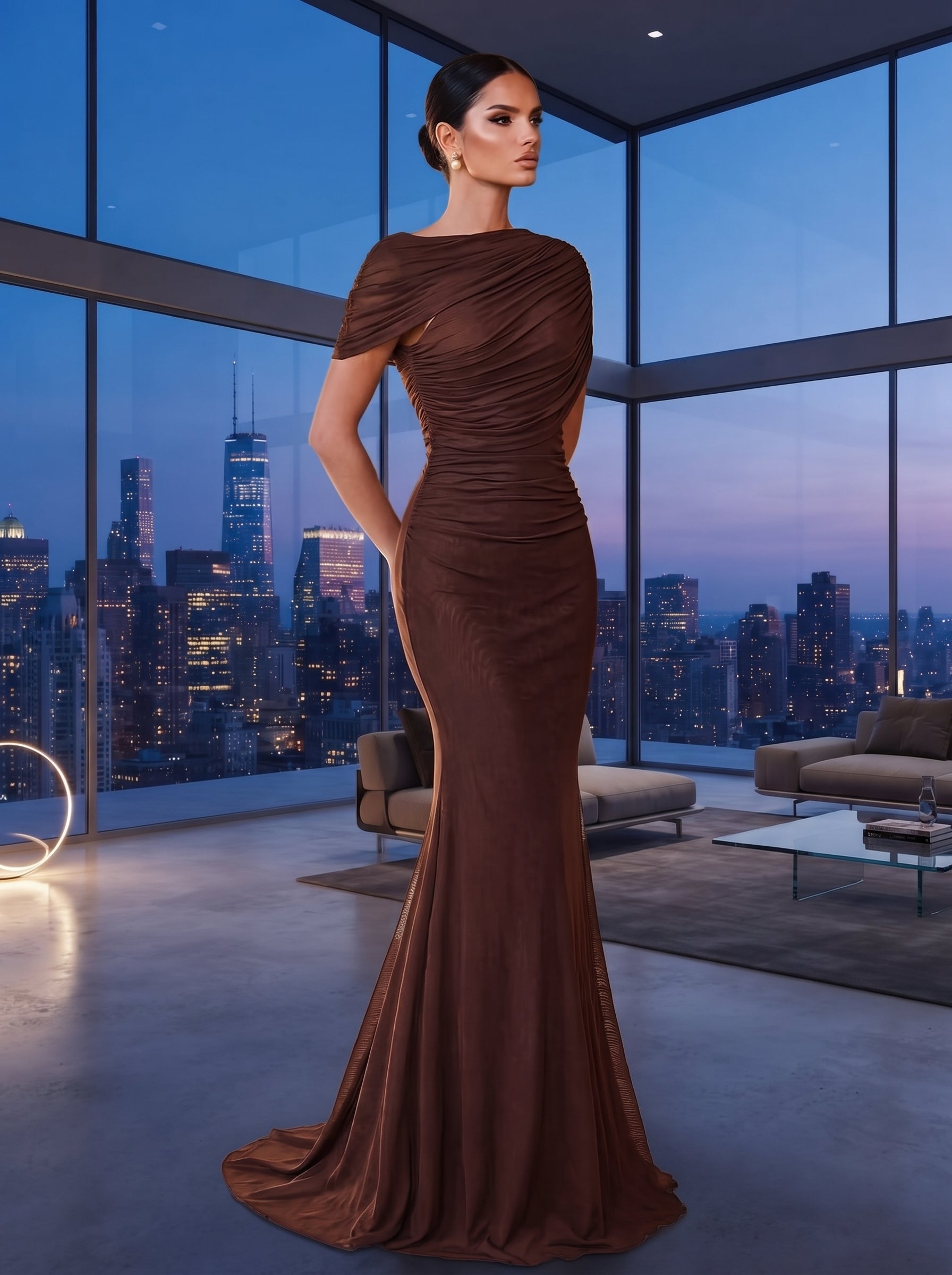 SDE3246 Elegant Solid Chiffon Overlay Ruffle Mermaid Dress