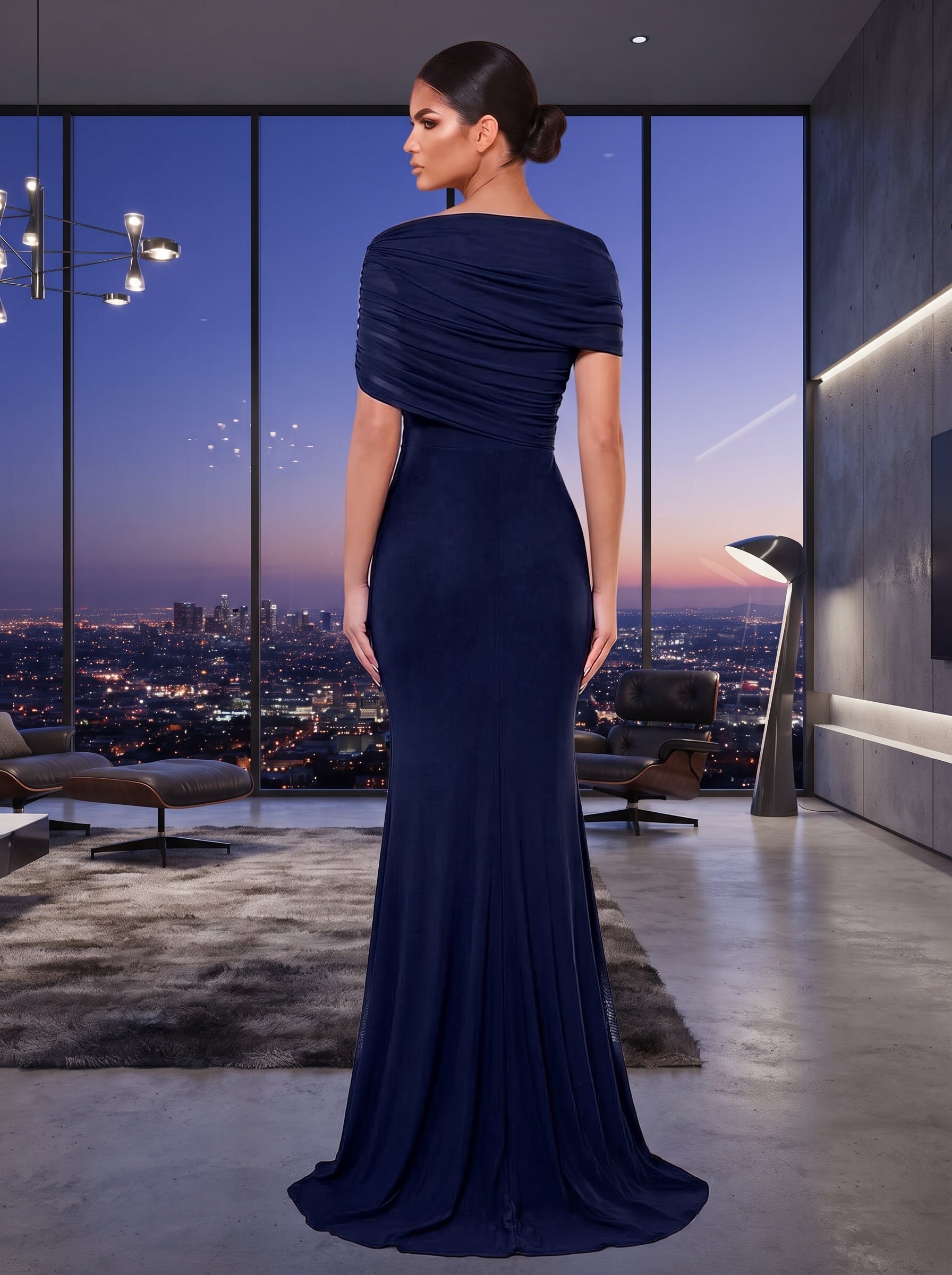 SDE3246 Elegant Solid Chiffon Overlay Ruffle Mermaid Dress