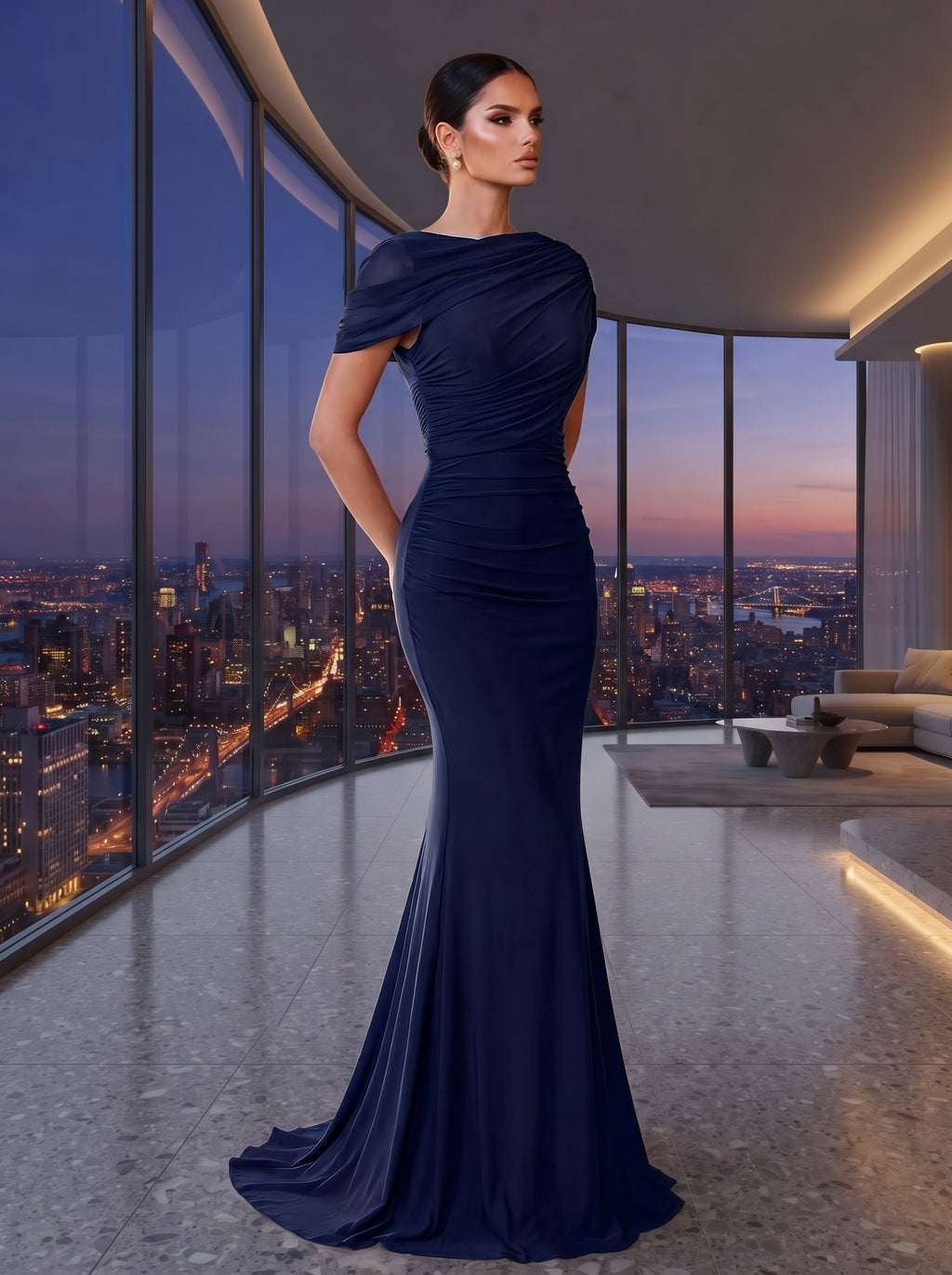 SDE3246 Elegant Solid Chiffon Overlay Ruffle Mermaid Dress