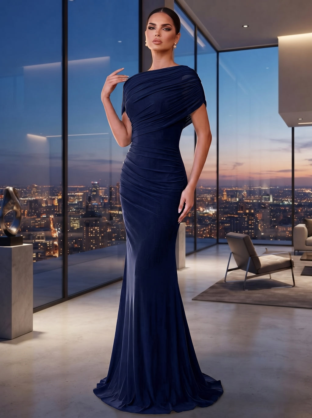 SDE3246 Elegant Solid Chiffon Overlay Ruffle Mermaid Dress