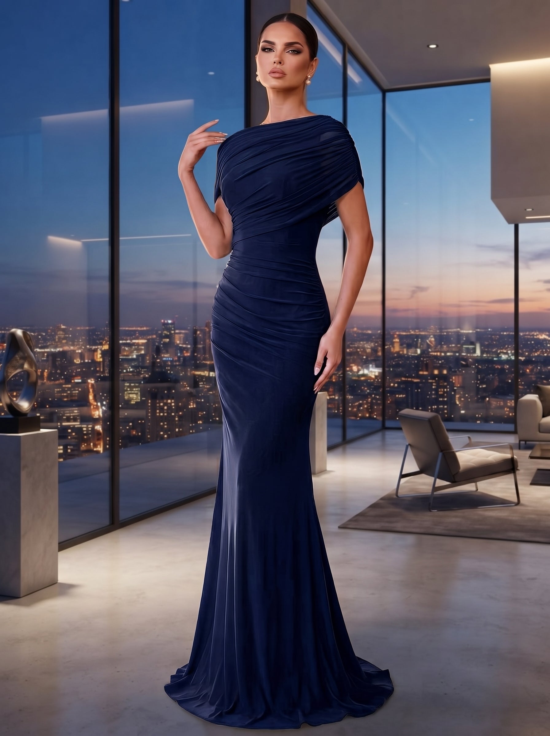 SDE3246 Elegant Solid Chiffon Overlay Ruffle Mermaid Dress