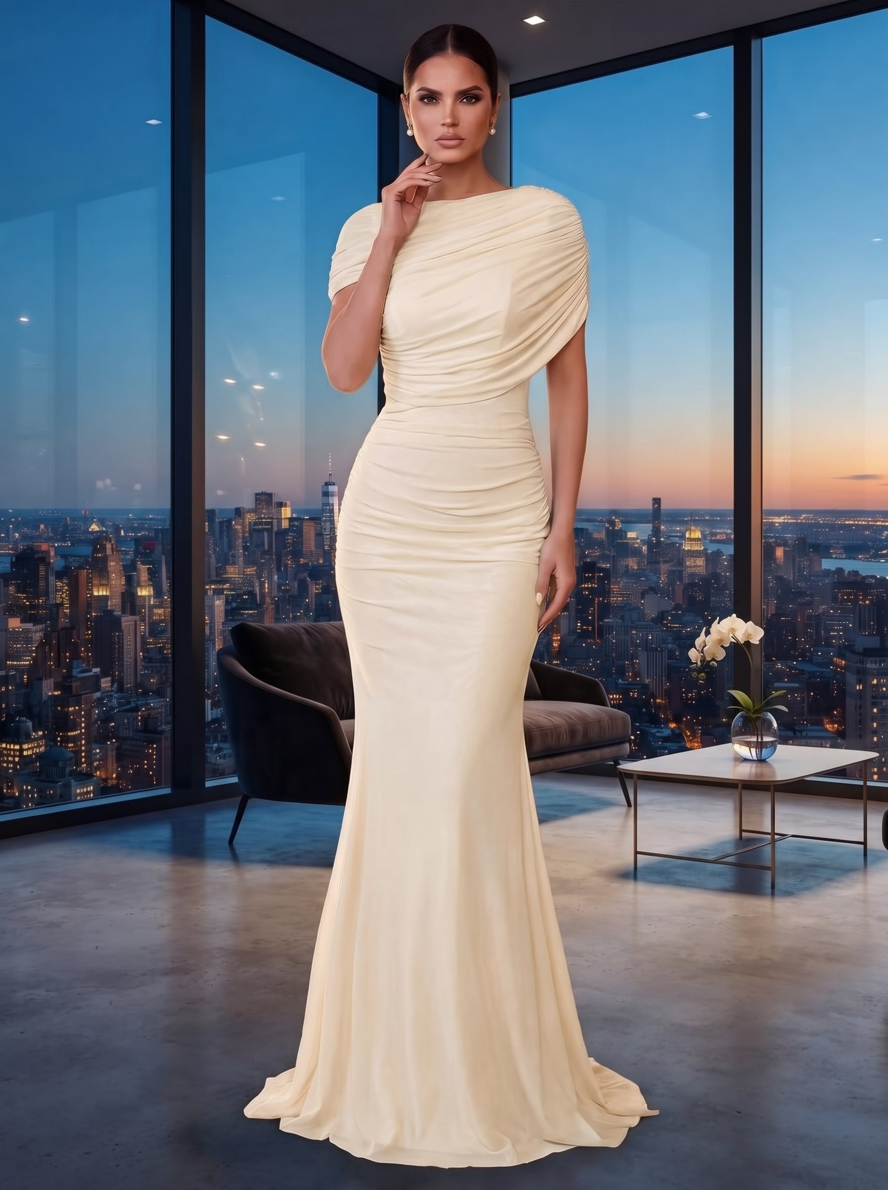 SDE3246 Elegant Solid Chiffon Overlay Ruffle Mermaid Dress