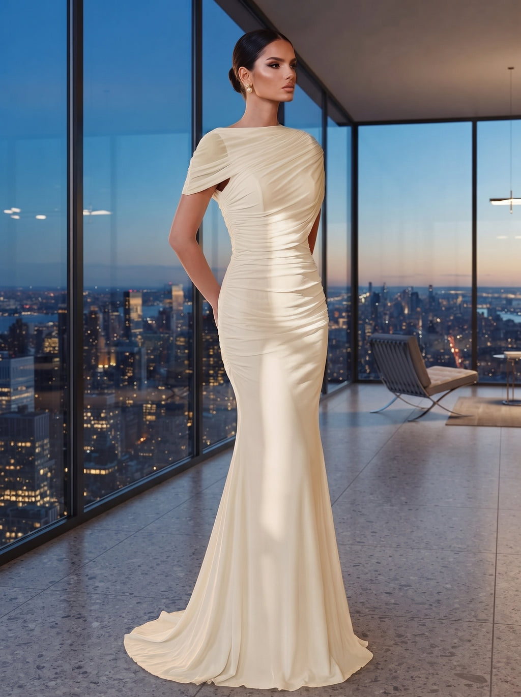 SDE3246 Elegant Solid Chiffon Overlay Ruffle Mermaid Dress