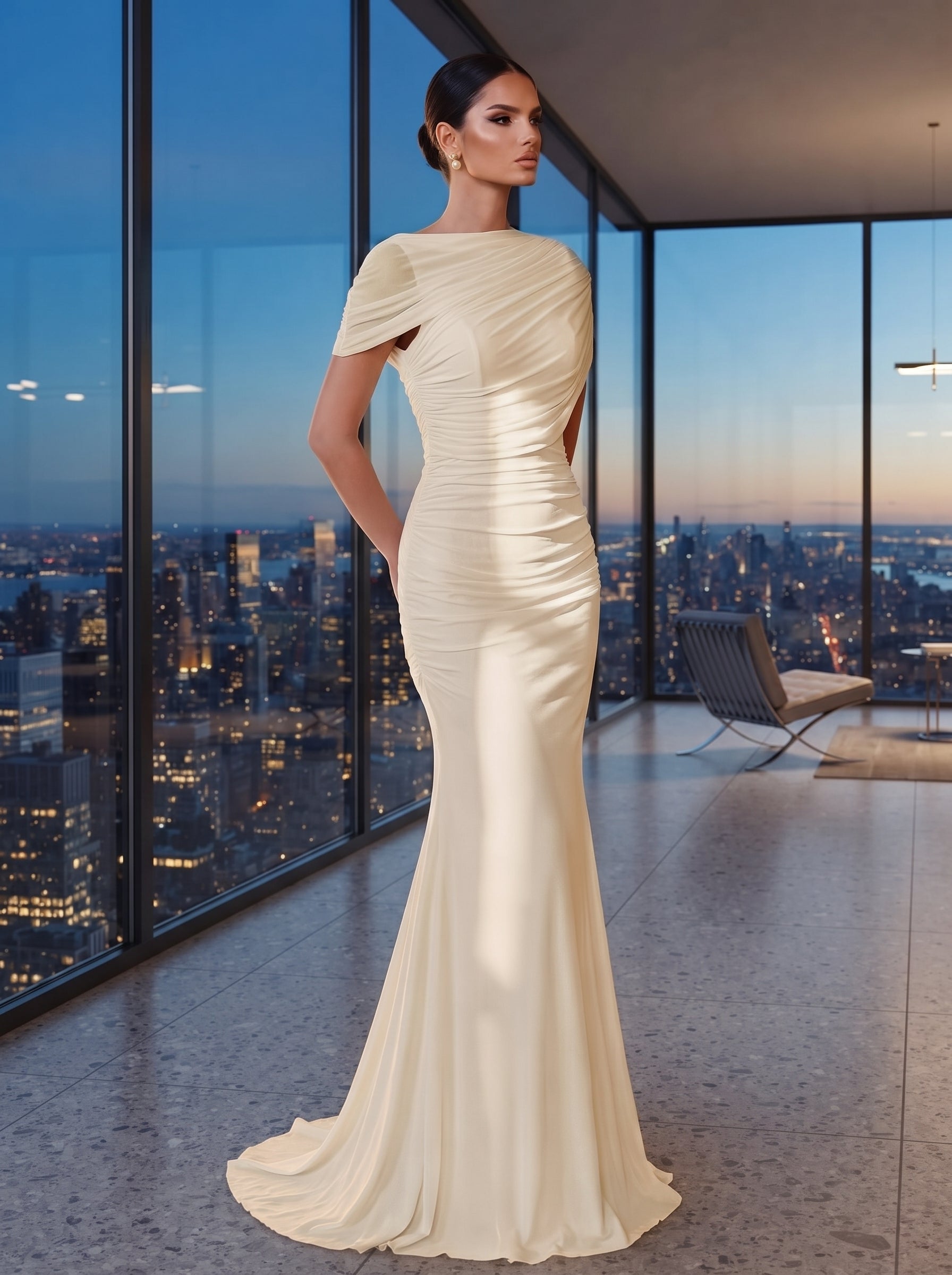 SDE3246 Elegant Solid Chiffon Overlay Ruffle Mermaid Dress